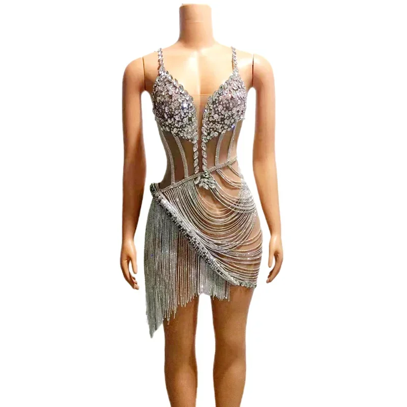 Vestito Costume donna ballerino spettacolo vestito liehu argento strass catene frange vestito Sexy sera compleanno celebrare la festa di fine anno