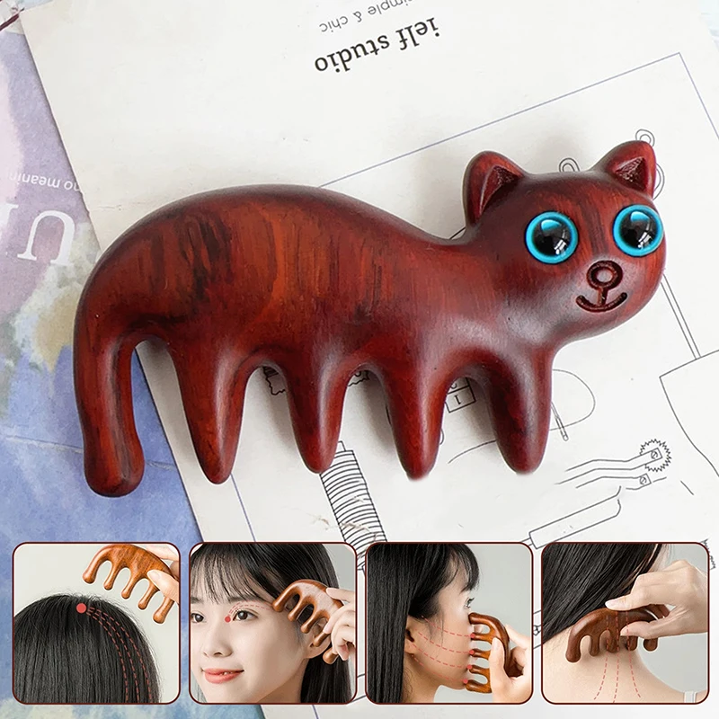 Sandalwood Cat Wide Tooth Mini Handle Comb Meridian Massage Anti-static Head Five Claw Massager Promote Blood Circulation