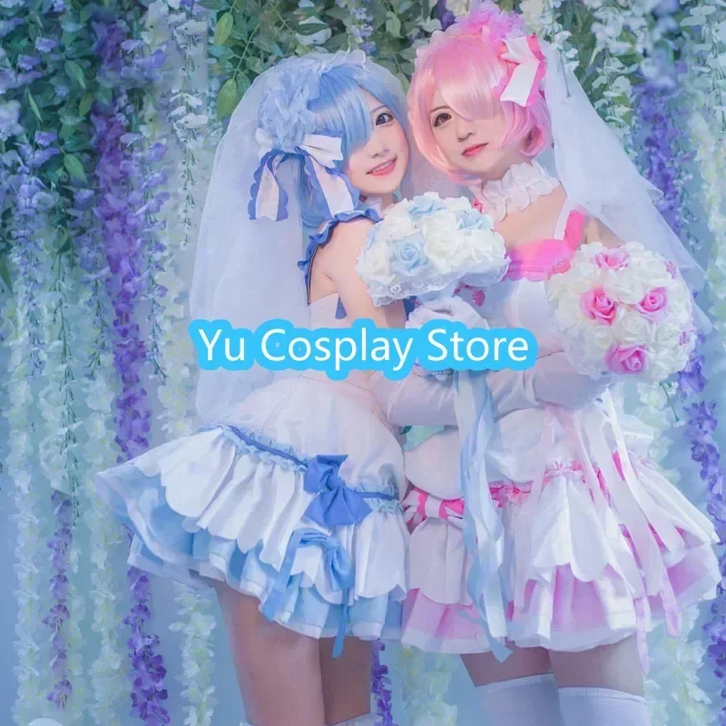 

Yu-Cosplay Anime Re:Life In A Different World From Zero Ram Rem Cosplay Costumes Women Cute Dress With Veil Halloween Outfits