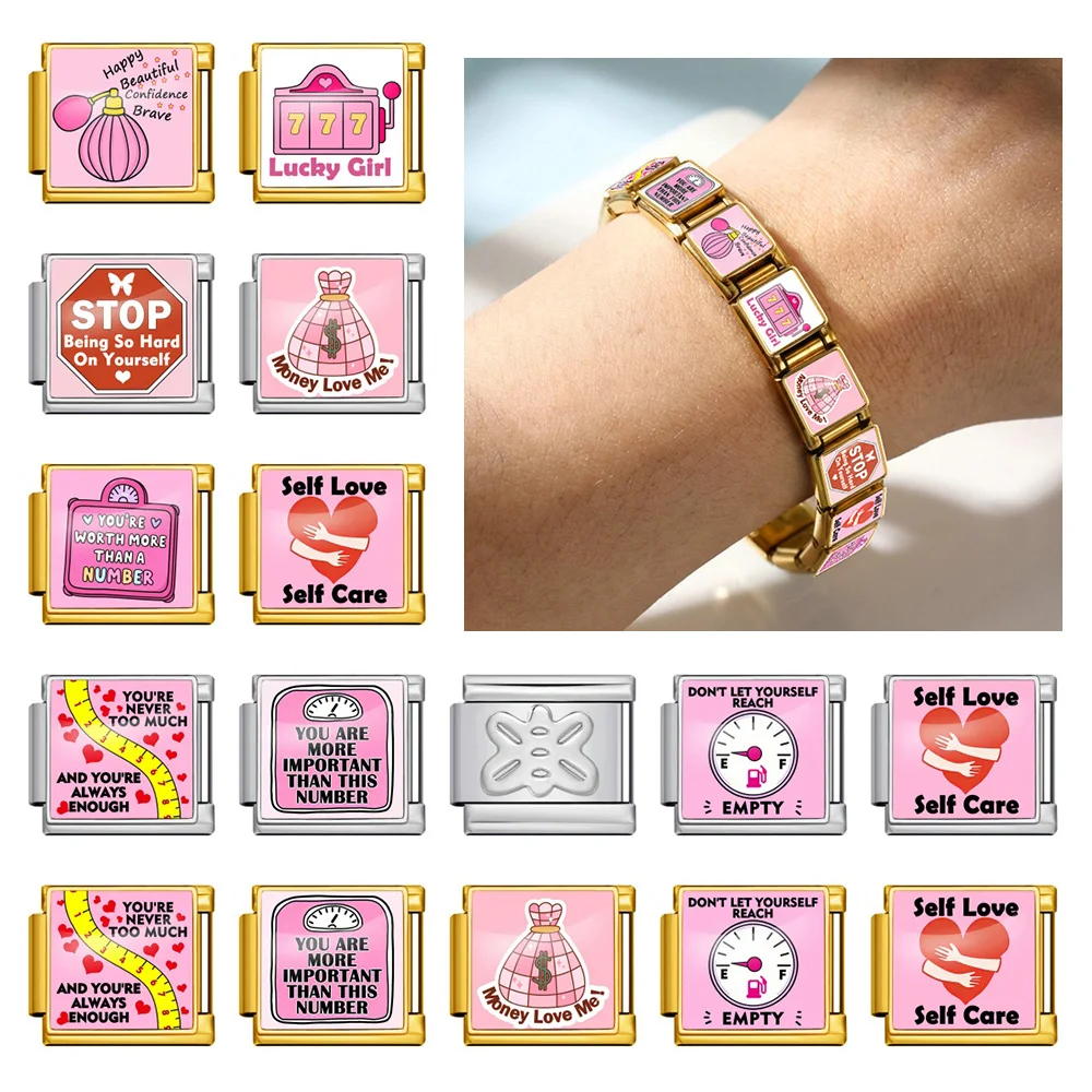 GEMOSA 9mm Klassische Rosa Serie Kraftstoffanzeige Glücksbringer Italienischer Edelstahl Schmuckherstellung DIY Original Design Charm Damen Armband – Detail 1