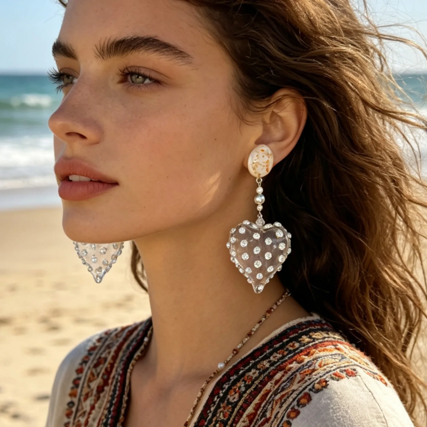 Ice Blue Heart Retro Light Luxury Flash Diamond Earrings Advanced Niche Design Fashion Crystal Big Love Peach Heart Earrings Wom