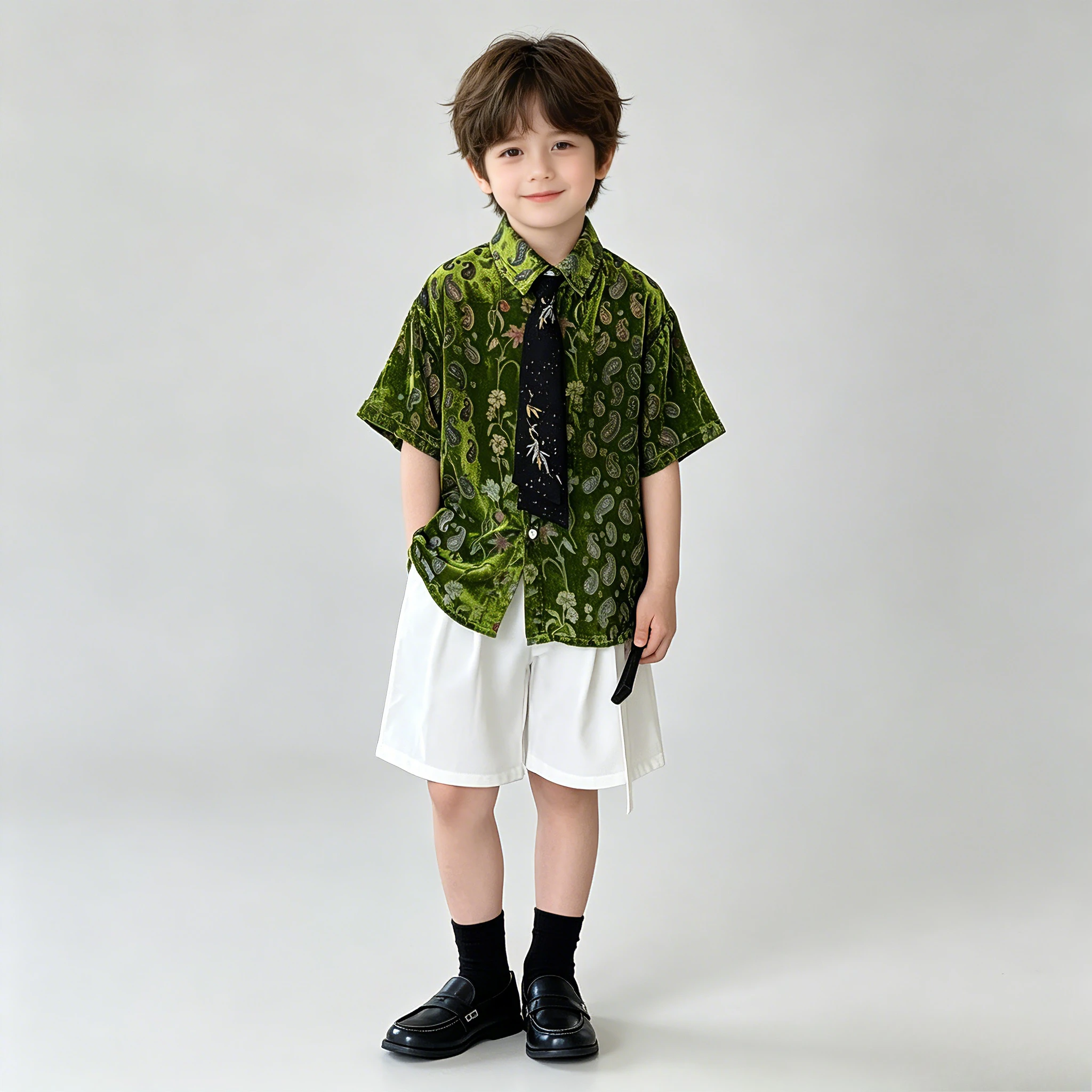 

Boys Velvet Shirt Shorts Set Kids Summer Outfit with Tie Toddler Boy Gentleman Party Wear Children Fashion Casual Suit 8 10 Year