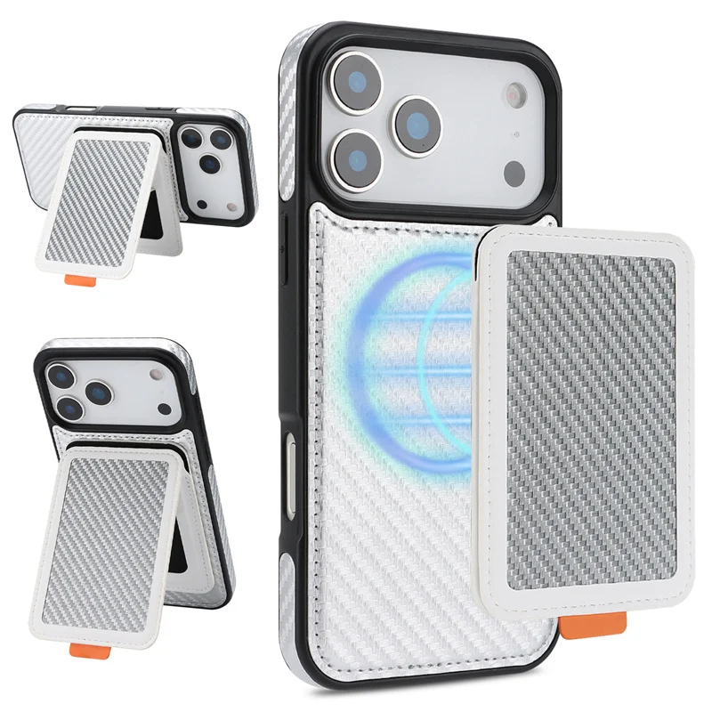 

Carbon Fiber Magnetic RFID-Blocking Bracket Card Wallet Phone Case For iPhone 12 13 14 15 16 17 Pro Max Wireless Charging Cover