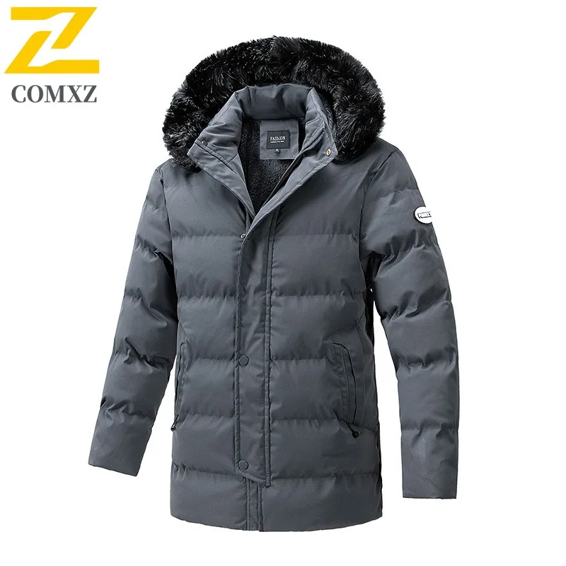 COMXZ 2025 Mens Korean Style Thickened Fleece Lined Long Winter Jacket Waterproof Windproof Fashion Hooded Thickened Coat