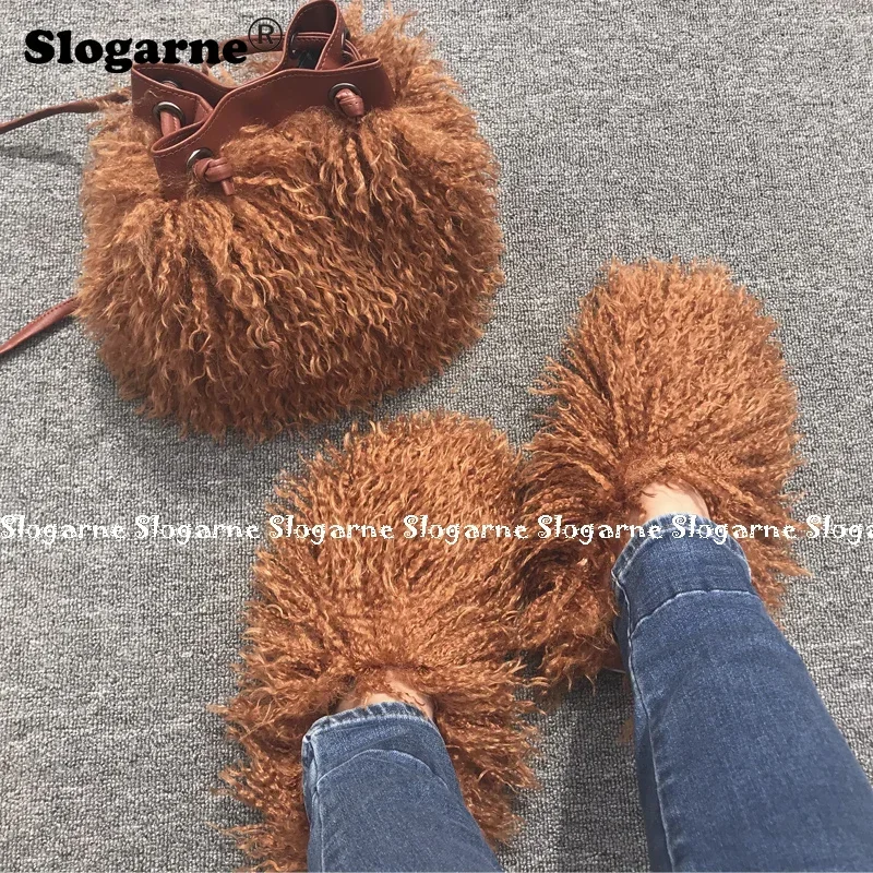 Women\'s Fashion Sets Fur Slippers Fur Handbags Woman Luxury Faux Fur Set Slides Furry Bag Purse Wallet Indoor Shoes Plus Size 49