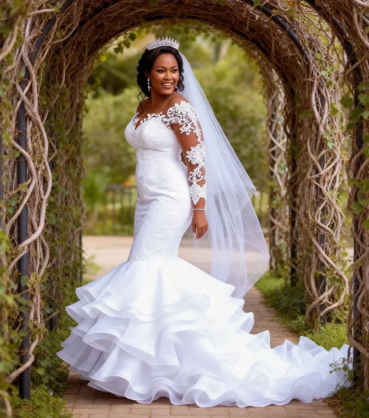Customized Mermaid Wedding Dresses Off Shoulder Long Sleeve Organza Skirt Bridal Gown Perfect for Bride's Church