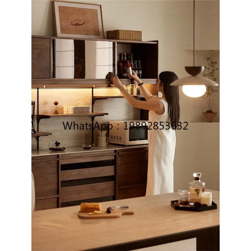 LYY North American Black Walnut Sideboard Wall-Mounted Integrated Storage Vintage Style Marble Sideboard with Ambient Light