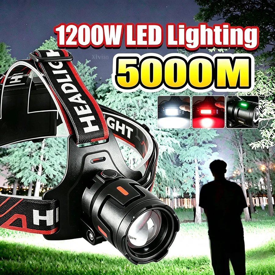 9000000LM 1200W High Power LED Headlamp Ultra Bright Headlight 18650 Rechargeable Long Range 5km Camping Fishing Head Flashlight