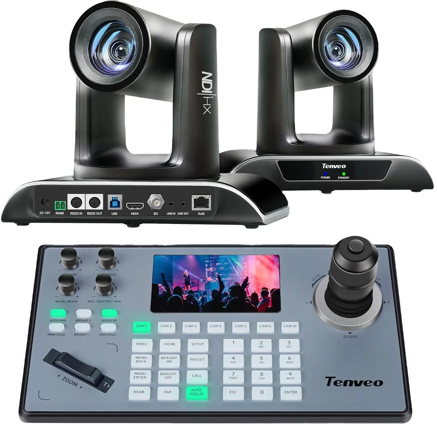 

TENVEO NDI PTZ Camera Controller VHD620A-NDI(2pcs)+KB200PRO 20x Zoom USB 3.0/HDMI/RJ45/SDI And 4D RS422/RS232/RJ45 Joystick