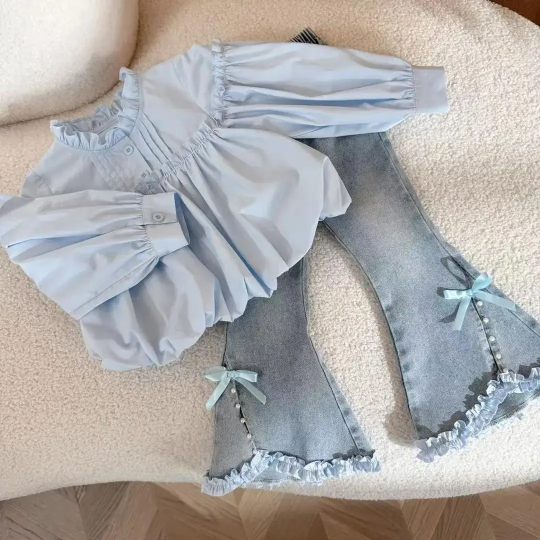 

Girls' autumn set kids outfit fashionable new style children's fashionable princess style shirt+jeans two-piece set