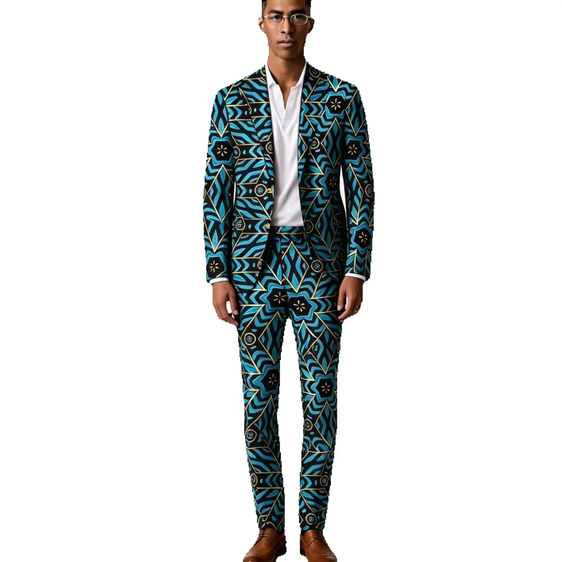 

Мужской костюм на заказ с ярким африканским принтом: пиджак и брюки оригинального дизайна для вечеринок