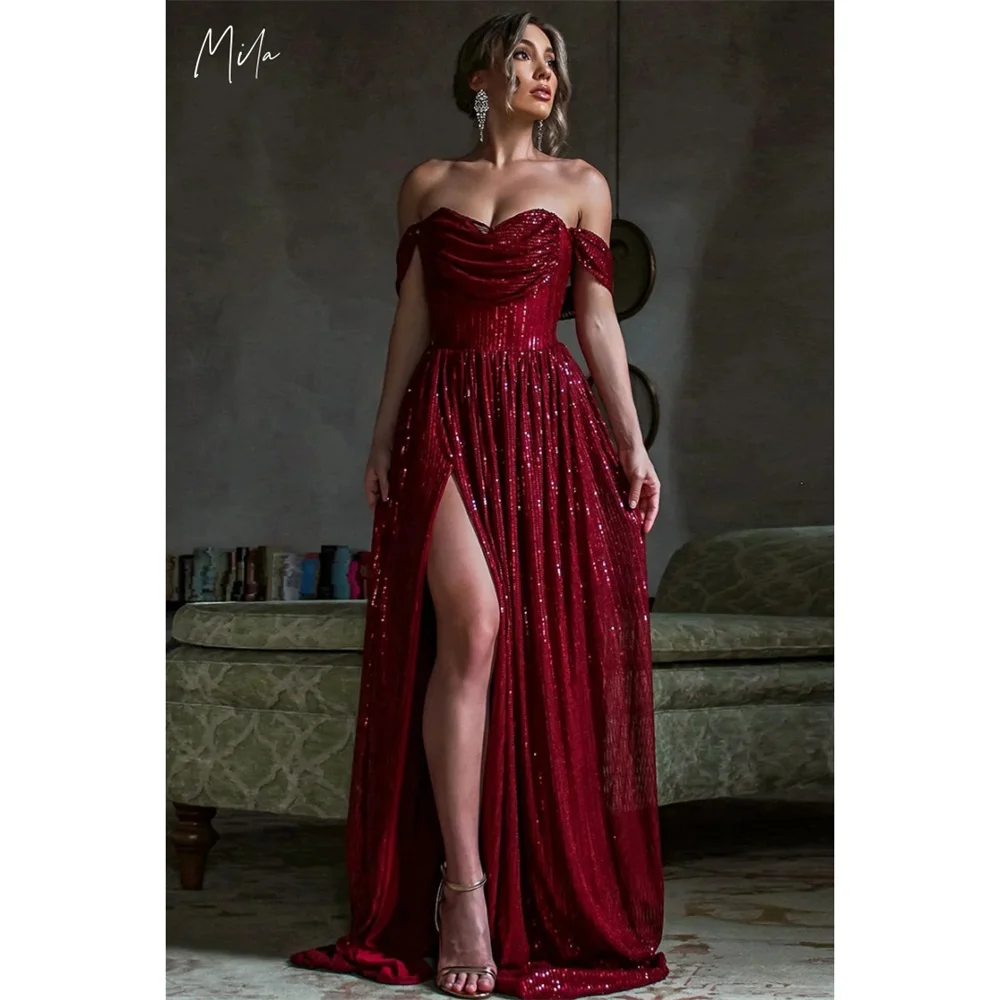 ミラ オフショルダー プロムドレス カスタマイズ サイドハイ スプリット バーガンディ フォーマル イブニング Aライン フロアレングス ベスティドス デ ガラ 2025