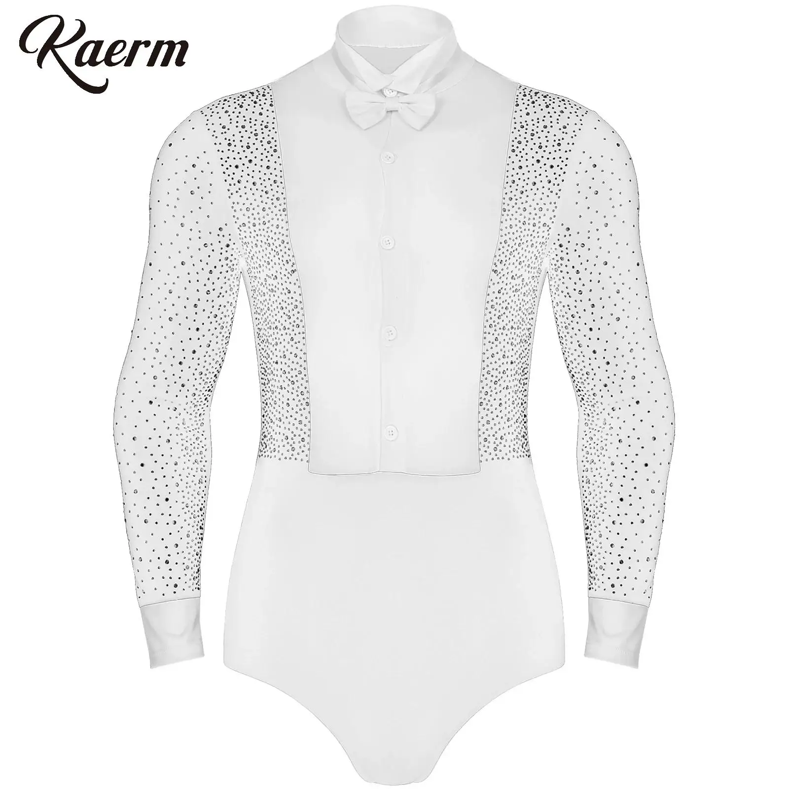 Men Latin Rumba Dance Leotard Long Sleeves Shiny Rhinestones Color Block Bodysuit with Bow Tie Latin Performance Jumpsuit