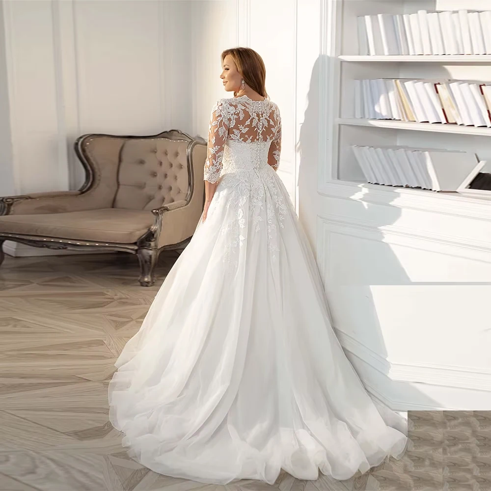 Customized Modest Wedding Dress V Neck 3/4 Lace Sleeves Applique A Line Tulle Bridal Gown Dresses Plus Size Bridal Gown