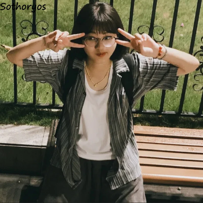 

Рубашки с коротким рукавом, женские полосатые топы, винтажные праздничные летние литературные уличные рубашки с карманами, универсальные дышащие рубашки