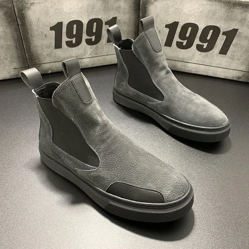 New Men's Slip On HighTop Boots Patchwork Thick Sole Height Boosting Cotton Lined Warm Winter Trendy Fashion Cotton Padded Shoes