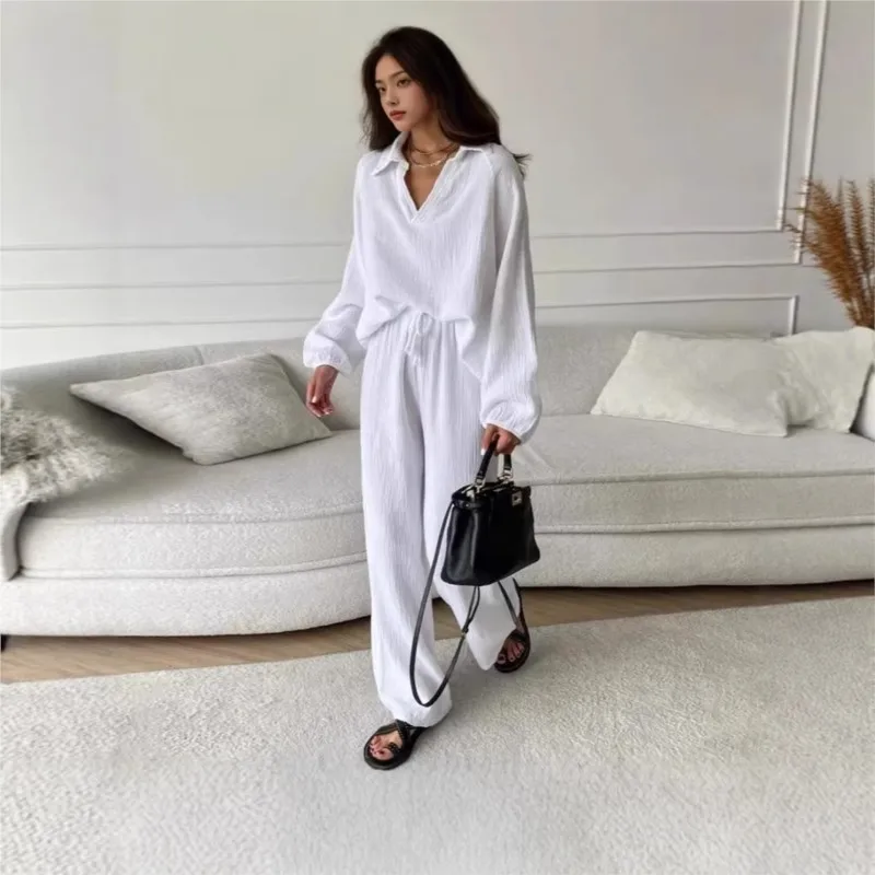 

Women's Two-piece V-neck Long-sleeved Wide-leg Trousers Lapel Style Pocket Cotton Linen Casual Spring Autumn Fashion Sports Suit