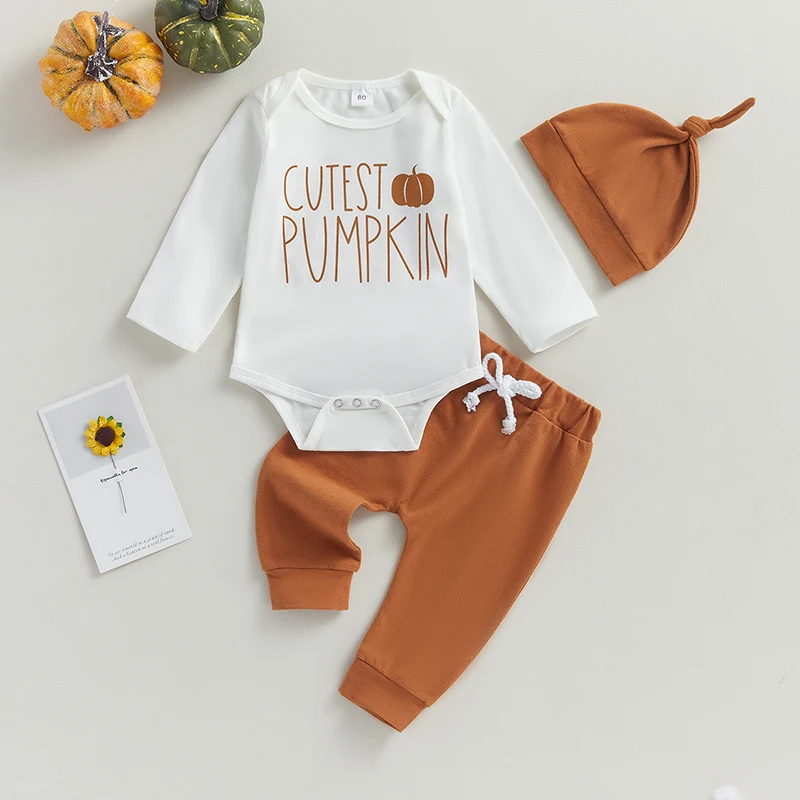 

0-12Months Baby Boys Fall Outfits Letter Pumpkin Print Crew Neck Long Sleeve Rompers Long Pants Hat 3Pcs Halloween Clothes Set