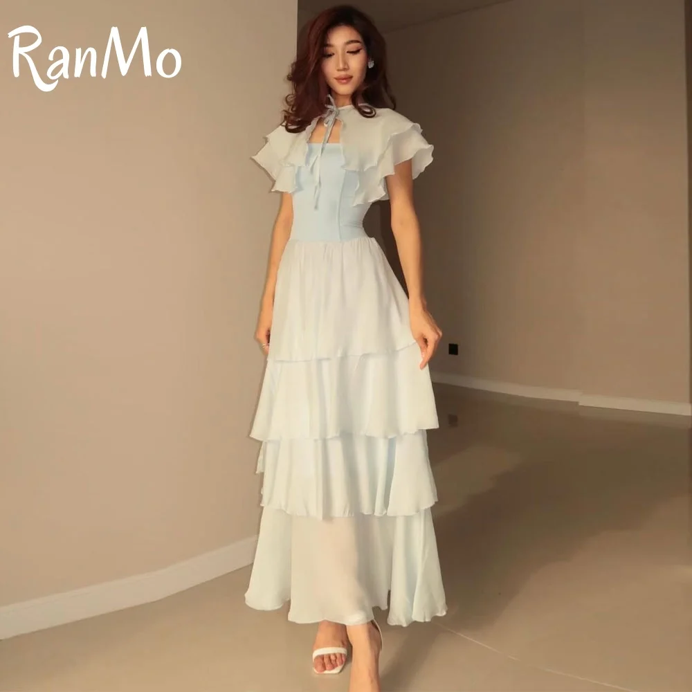 Ranmo 2025 Elegant Baby Blue Chiffon Evening Dresses Saudi Arabic Ankle-Length Layered Pleat Fascinating Prom Gown Customized