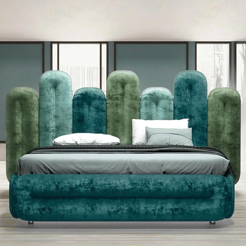 

！*Modern Design Comfortable Bedroom Furniture Deluxe Solid Wood Frame Metal Legs Soft Blue Green Velvet Fabric King Bed