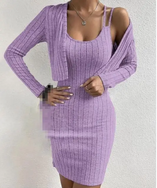 Autumn New Women\'s Fashion Set Comfortable Pit Stripe Fabric Sexy Stripe Sling Short Tight Skirt With Long Sleeve Small Coat