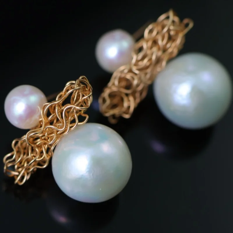 

SGARIT Jewelry Natural White Double Pearls Earrings 14k Gold Filled Women's Pearl Earrings Freshwater Round