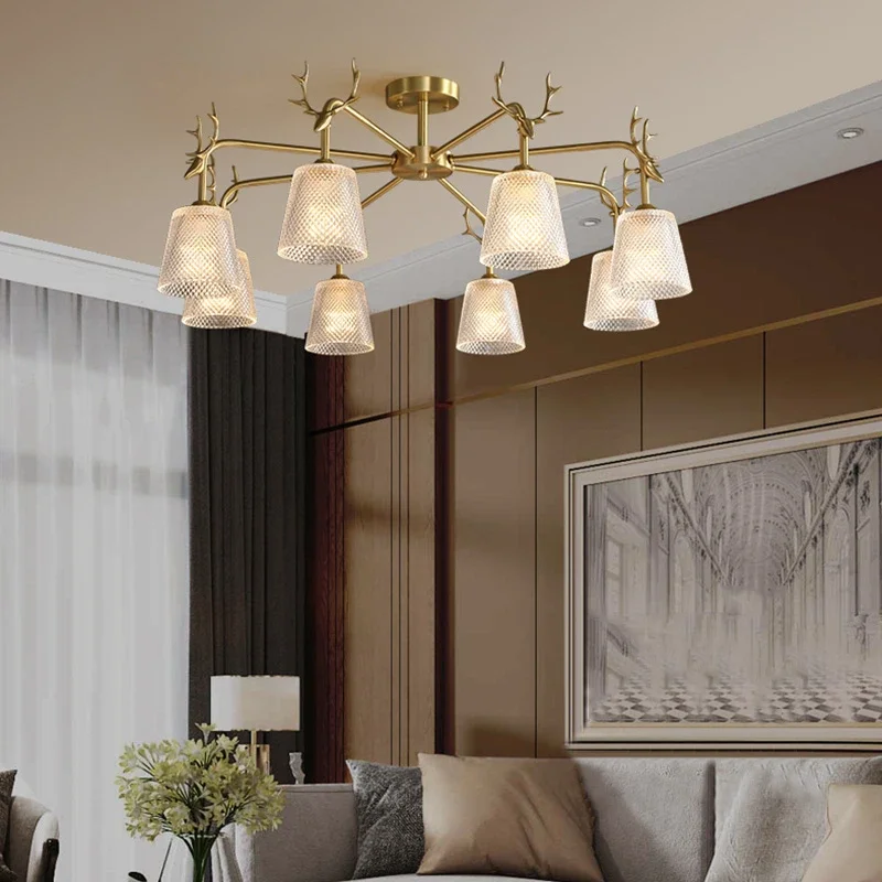 

Retro Gold Multiple Heads Vitreous LED Chandelier Aisle Living Room Bedroom Kitchen Lobby All Copper Antler Shape Pendant Lamp