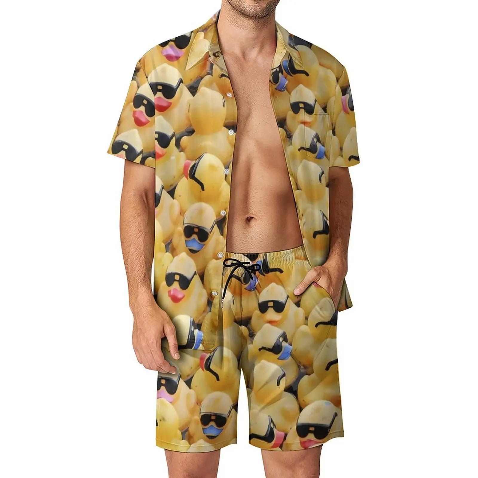 Conjunto de camisa de manga corta con estampado 3D de pato de goma amarillo para hombre, pantalones cortos de playa de gran tamaño, ropa de calle, trajes hawaianos, Verano