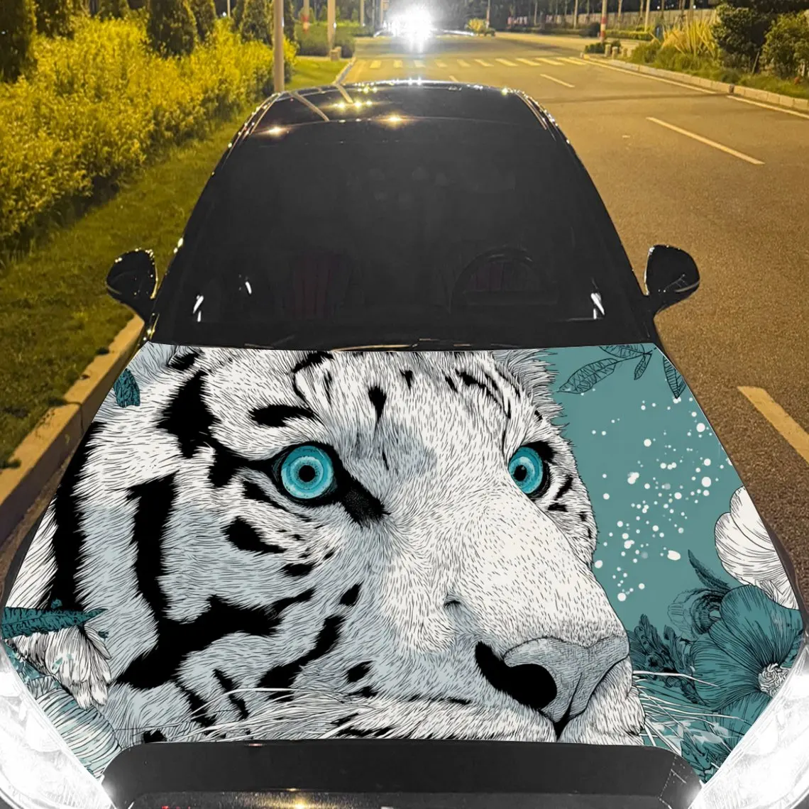 

Car Decal White Tiger with Cyan Artistic Background & Ferocious-Transfixing Aesthetic Car Hood Sticker, Waterproof Self - Adhesi