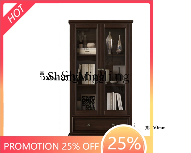 

FGgood-looking rural retro all solid wood bookcase combination pure solid wood with glass door household floor bookcase