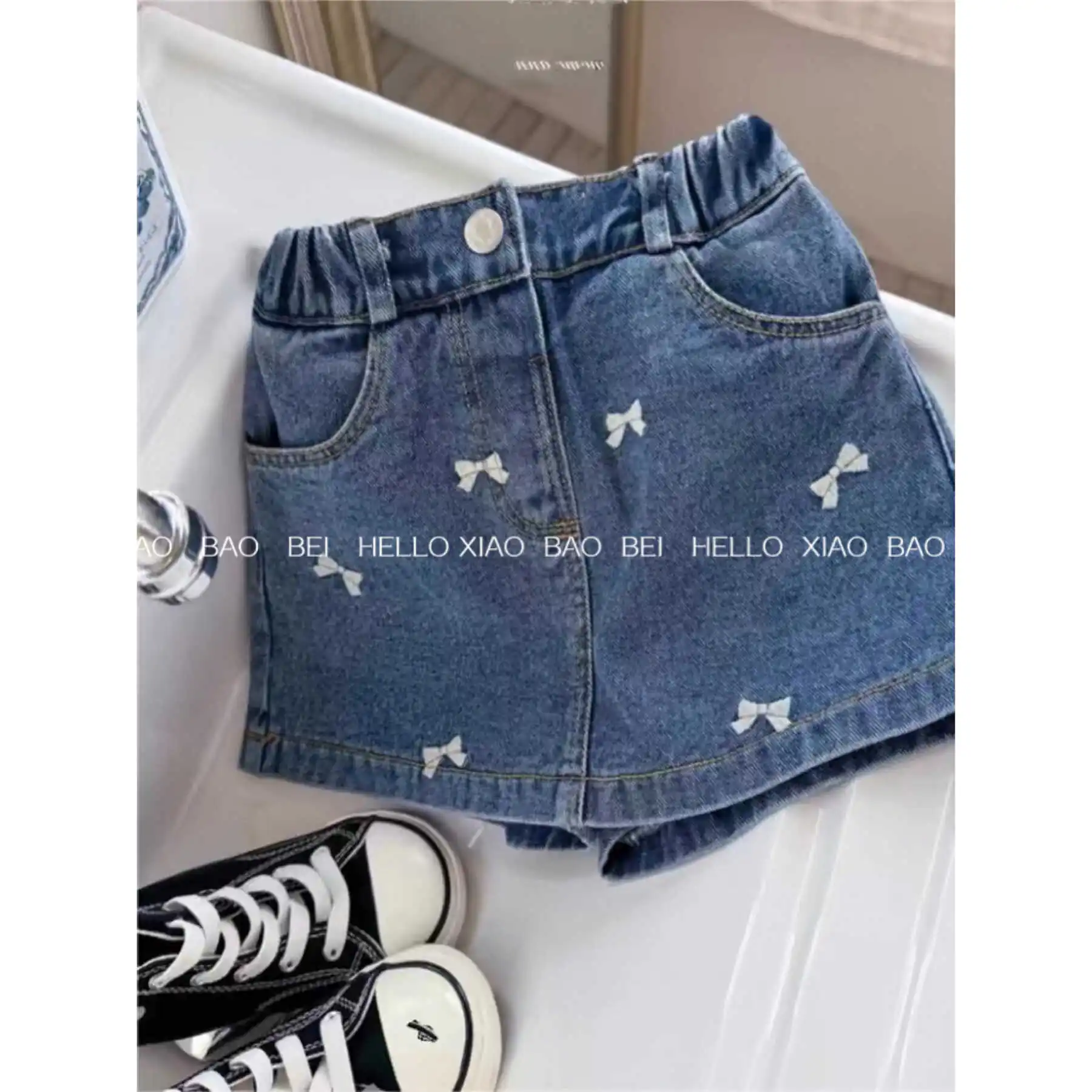 Children's Stylish A-line Skirt for Girl Korean Bow Embroidered Summer Cowboy Half  New Body Skirt Pants