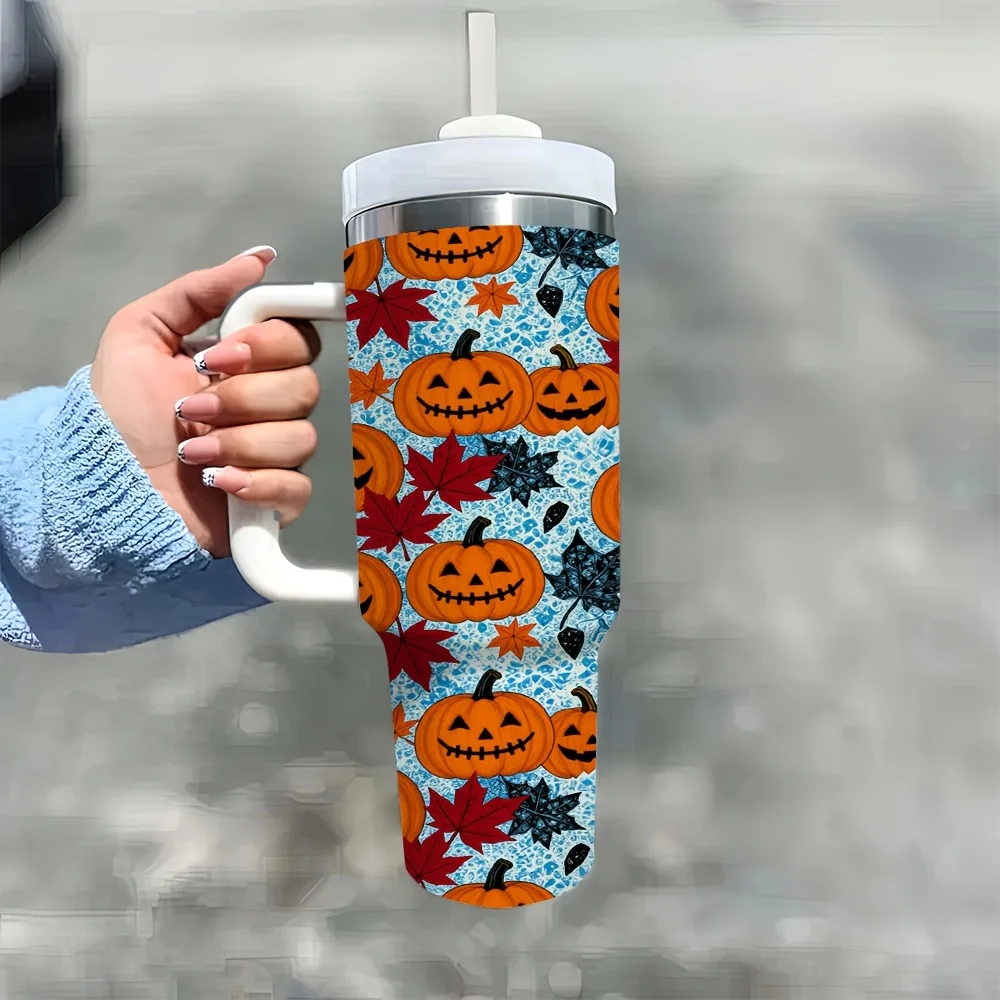 1ps Halloween And Christmas Stainless Steel 40Oz Insulated Tumbler with Handle And Straw Lid, Reusable Water Cup for Travel Office Daily Use, Cute Jack O Lantern Pumpkin Maple Leaf Fall Print, Ideal for Home Kitchen Autumn Holiday Party Drinkware