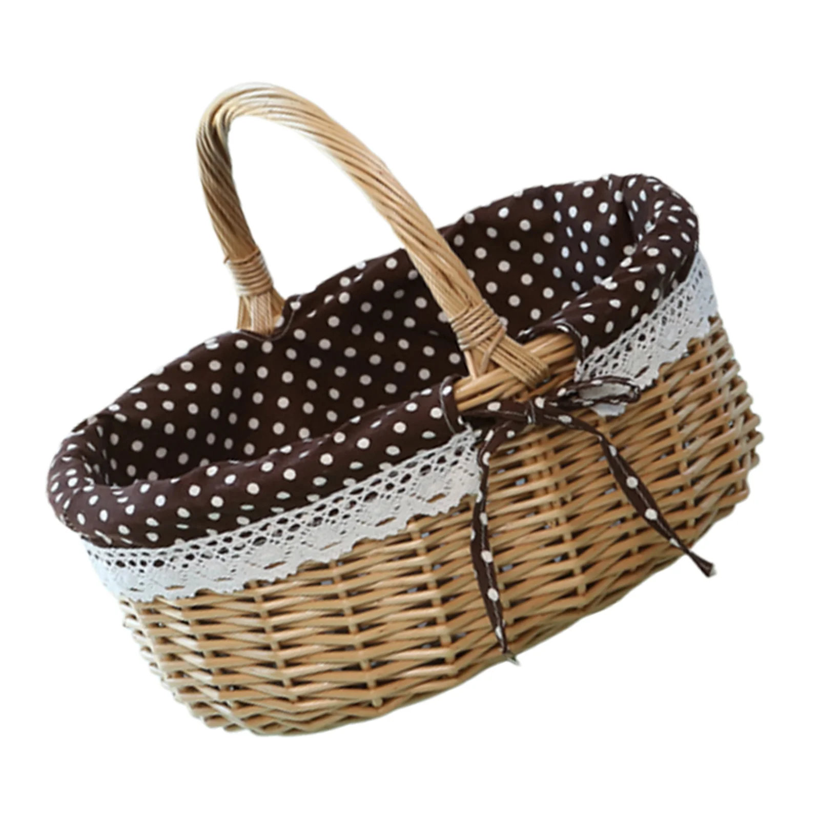 

Wicker Storage Basket Linen Inner Size S Coffee Fabric White Dots Picnic Food Fruit Vegetable Bread Container Snack Gift Basket