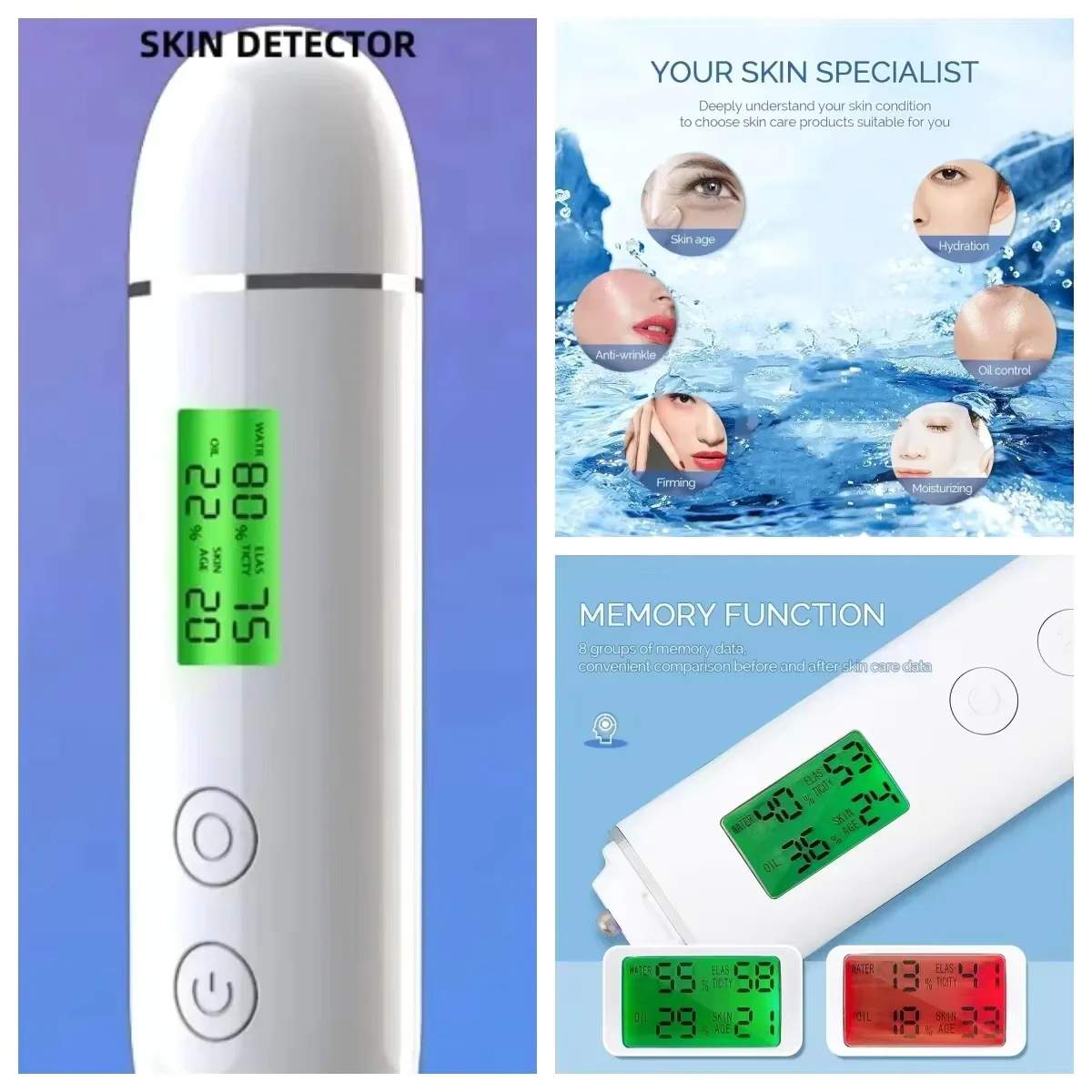 Skin Moisture Tester, Skin Oil Digital Detection Analyzer, Facial Mask with Fluorescent Detection Pen