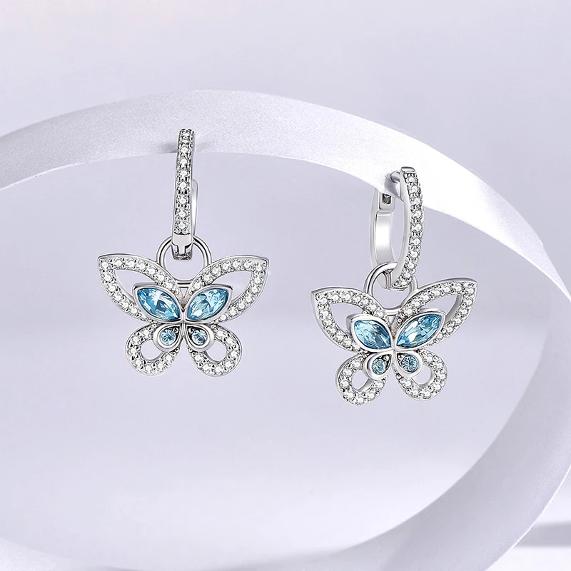 Cute Butterfly Pendant Aqua Blue Zircon Hoop Earrings For Women Vintage Silver Color Small Ear Buckle Wedding Jewelry Party Gift