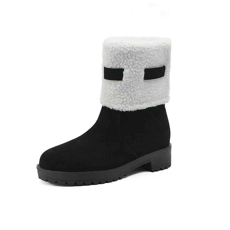 

Chic Faux Nubuck Leather Khaki Ankle Snow Boots for Women Plush Lined Fur Warm Winter Shoes Chunky Med Heels Casual Flat Botas