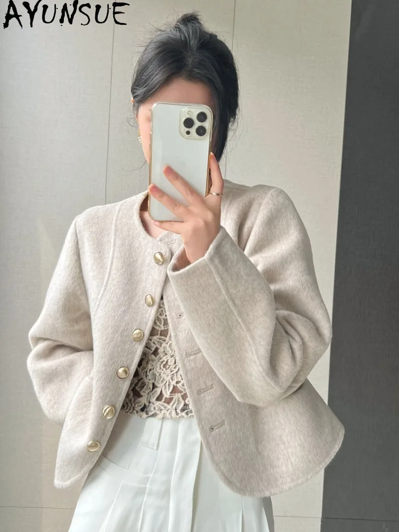 AYUNSUE Alpaca Wool Reversible Double-faced Wool Coat Womens Autumn Winter Clothes Korean Style Petite Woolen Coats Wool Coat