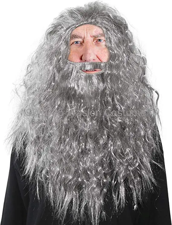 Conjunto de barba para hombre, disfraz de Mago para Halloween, accesorios largos para el cabello, vestido rizado falso gris para fiesta, accesorios grises para el juez de Jesús