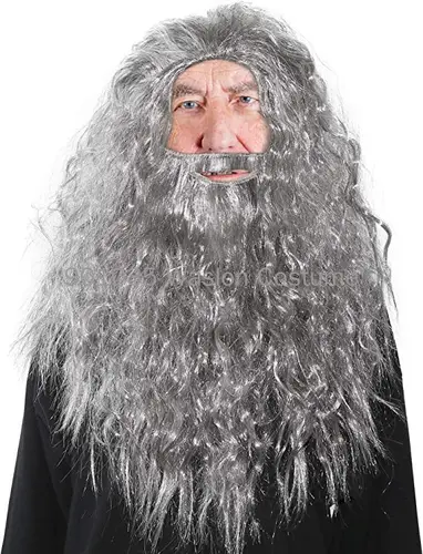 Imagen 2 del producto Conjunto de barba, disfraz de mago, Cosplay de Halloween, accesorios largos para el cabello, fiesta, vestido rizado falso gris, accesorio gris para hombres, juez de Jesús