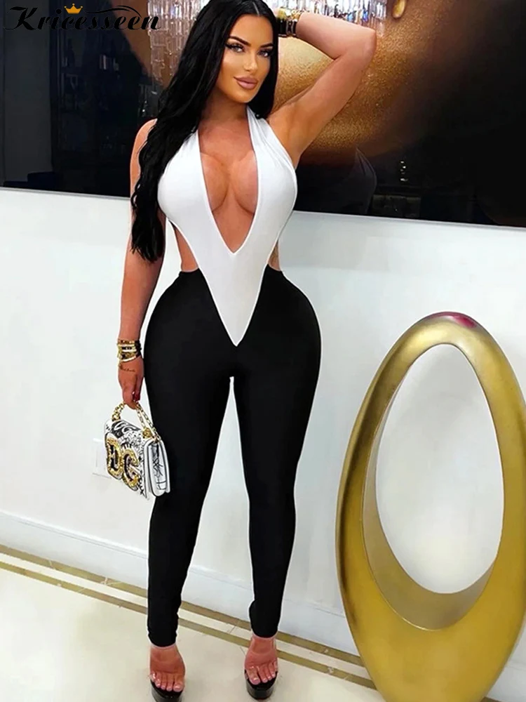 

Крицесин ​ ​ Женский черно-белый комбинезон в стиле пэчворк, сексуальный, с открытой спиной, облегающий, для клуба и вечеринок