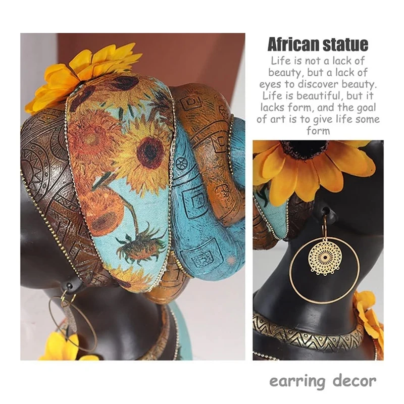 African Art Bust Statue, Home Decor African Sunflower Girl Figurines, Home Decor Resin Black African Bust Sculpture Durable