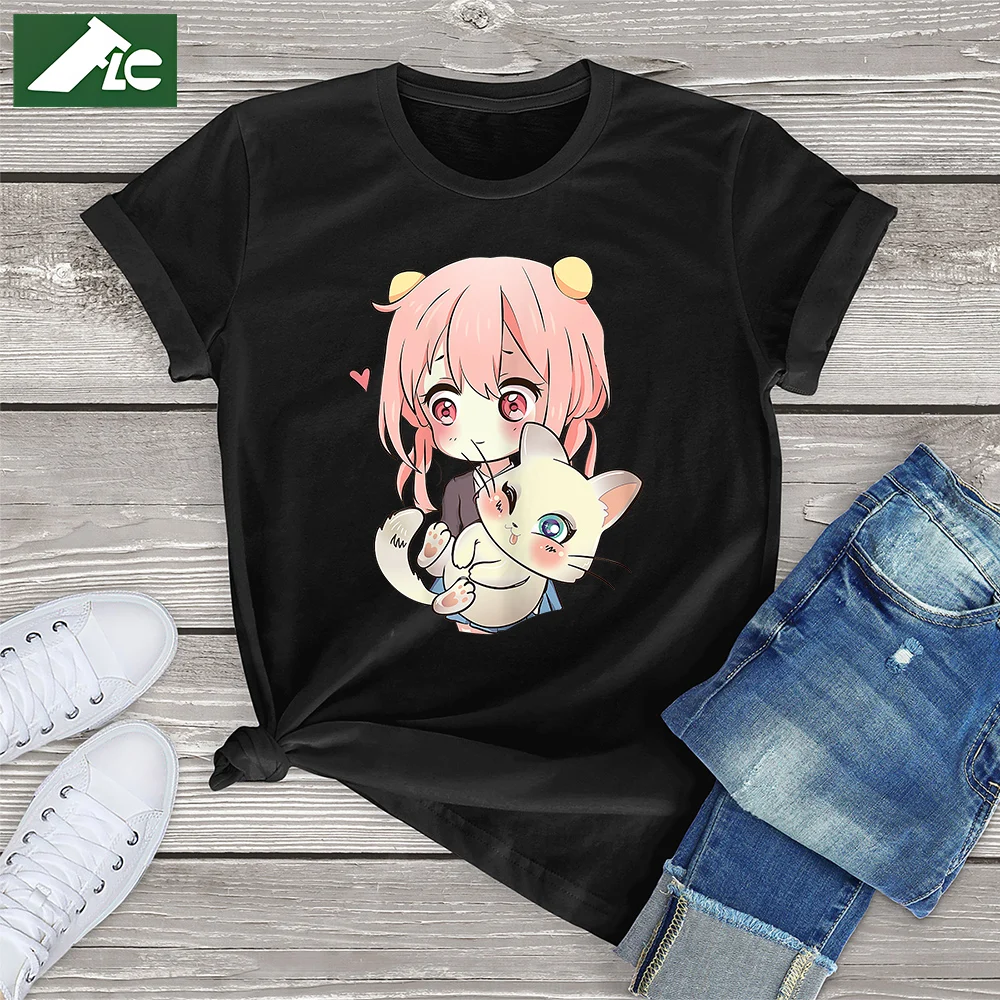 FLC 100% Cotton Anime And Cat Print T-shirt Cute Crew Neck Short Sleeve T-shirt Women's Clothing  Casual Teen Manga Kawaii Otaku