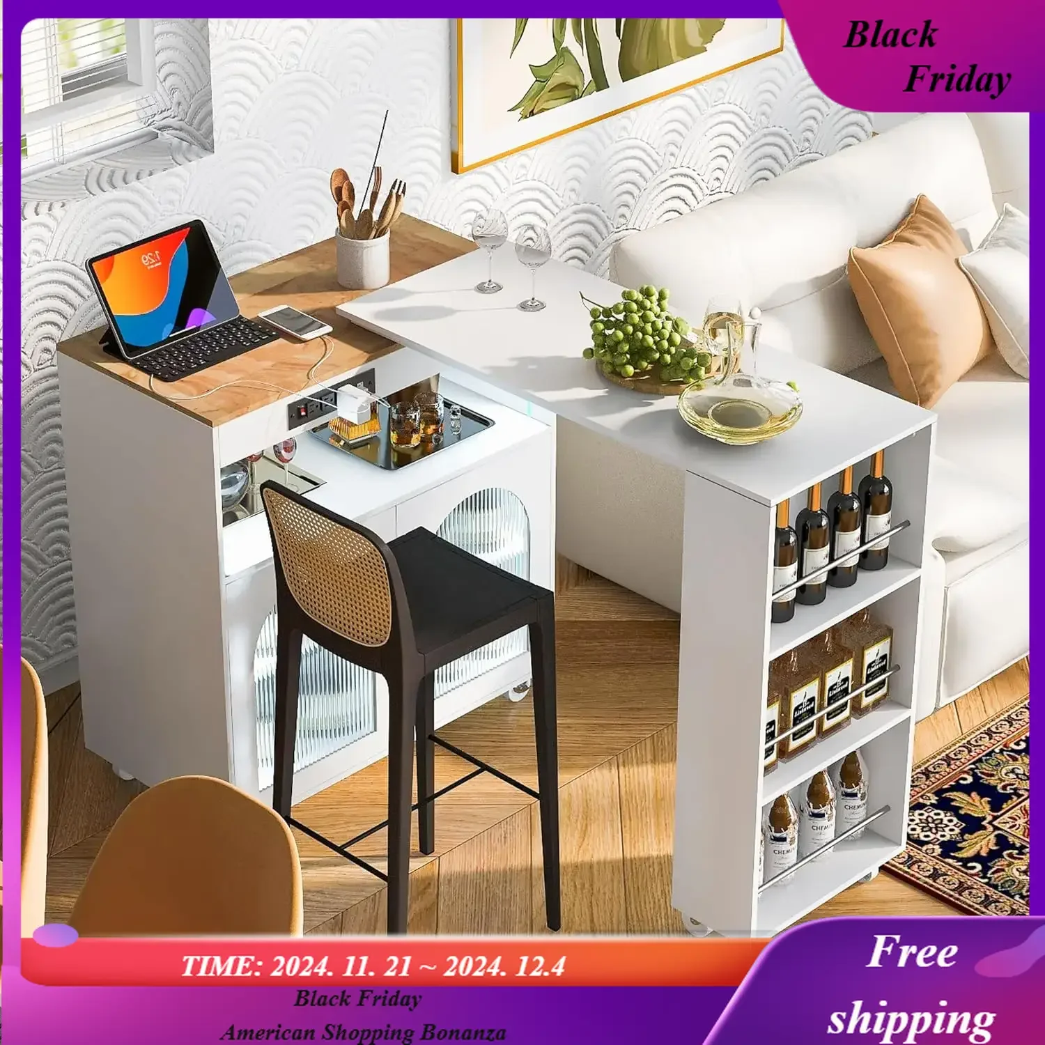 Rolling Kitchen Island with Extended Table and Power Outlets - Movable Kitchen Storage Cart with LED Lighting, Glass Doors,