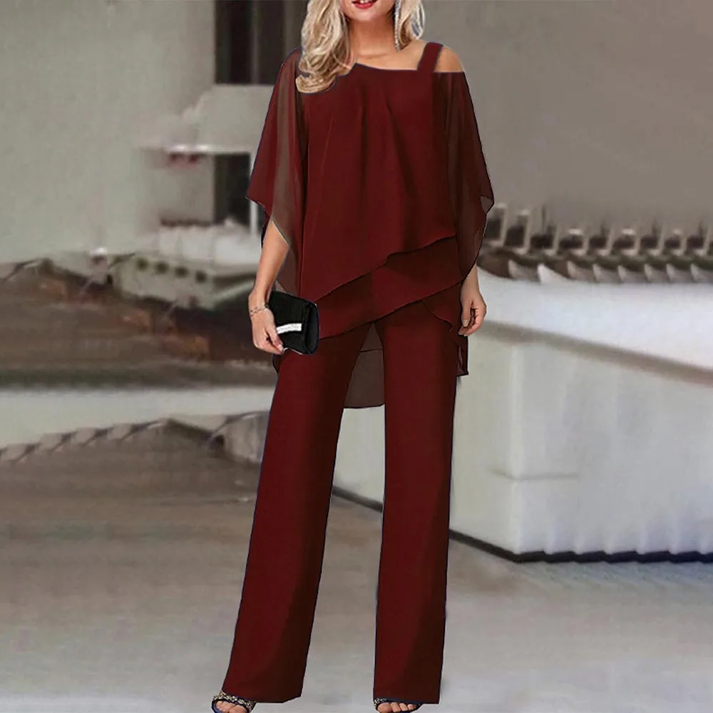 Elegancka moda Solid Loose Casual Dolman Sleeve Irregular Set Wiosna Lato Bluzka Koszula i Spodnie z szerokimi nogawkami Dwuczęściowy Strój