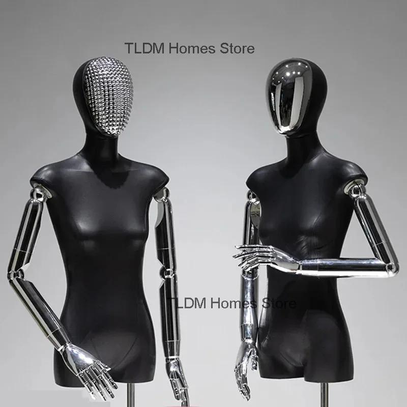 PU Black Bust Mannequins Clothing Store Female Mannequin with Electroplated Head and Hand Iron Frame for Window Display Stand