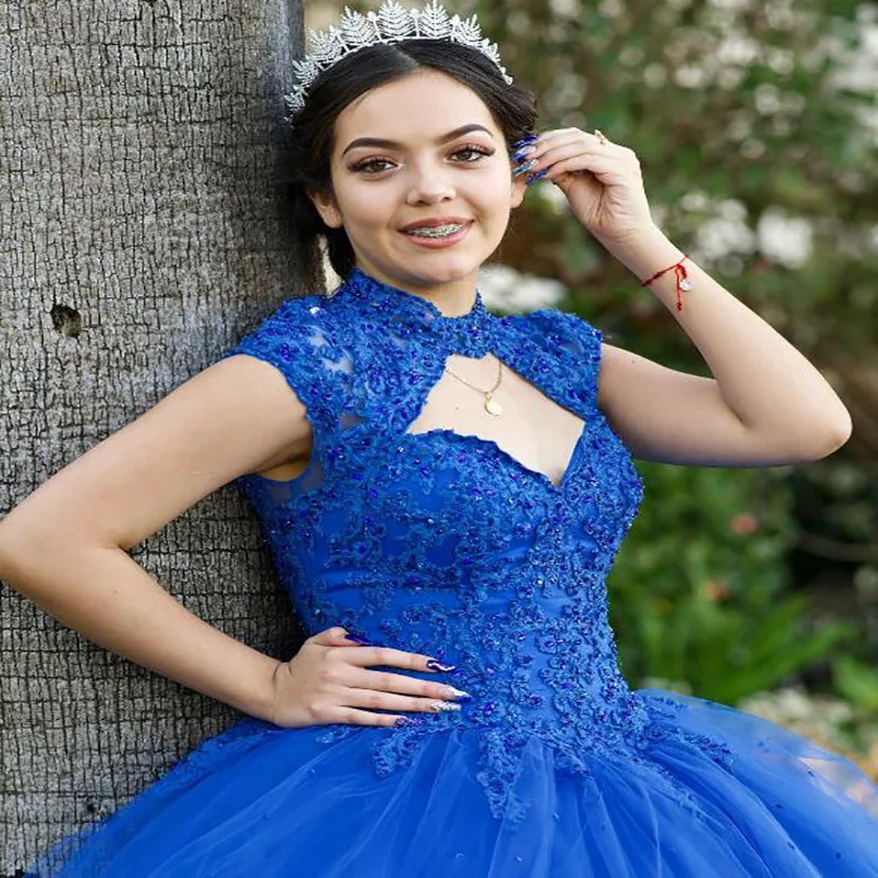 Keyhole Neck Royal Blue Quinceanera Dresses 2022 Backless Beaded Lace Sweet 16 Birthday Dress Vestidos De 15 Años 2022 Prom