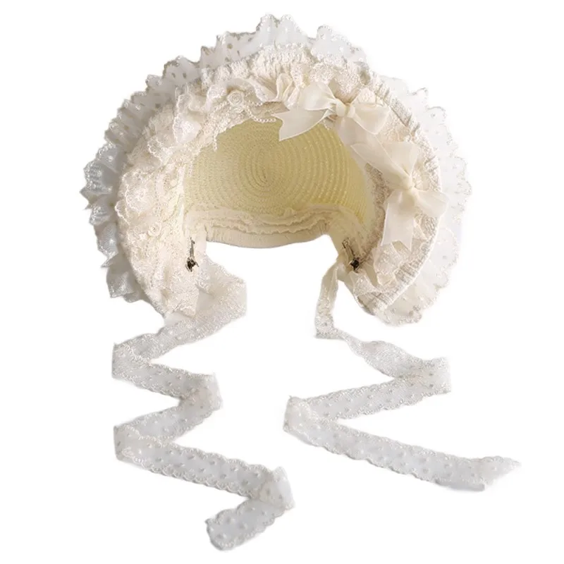 Nuevo Original Retro hecho a mano pastel gótico gorro sombrero mujer moda Beige Lolita cinta de encaje Cosplay precioso sombrero plano
