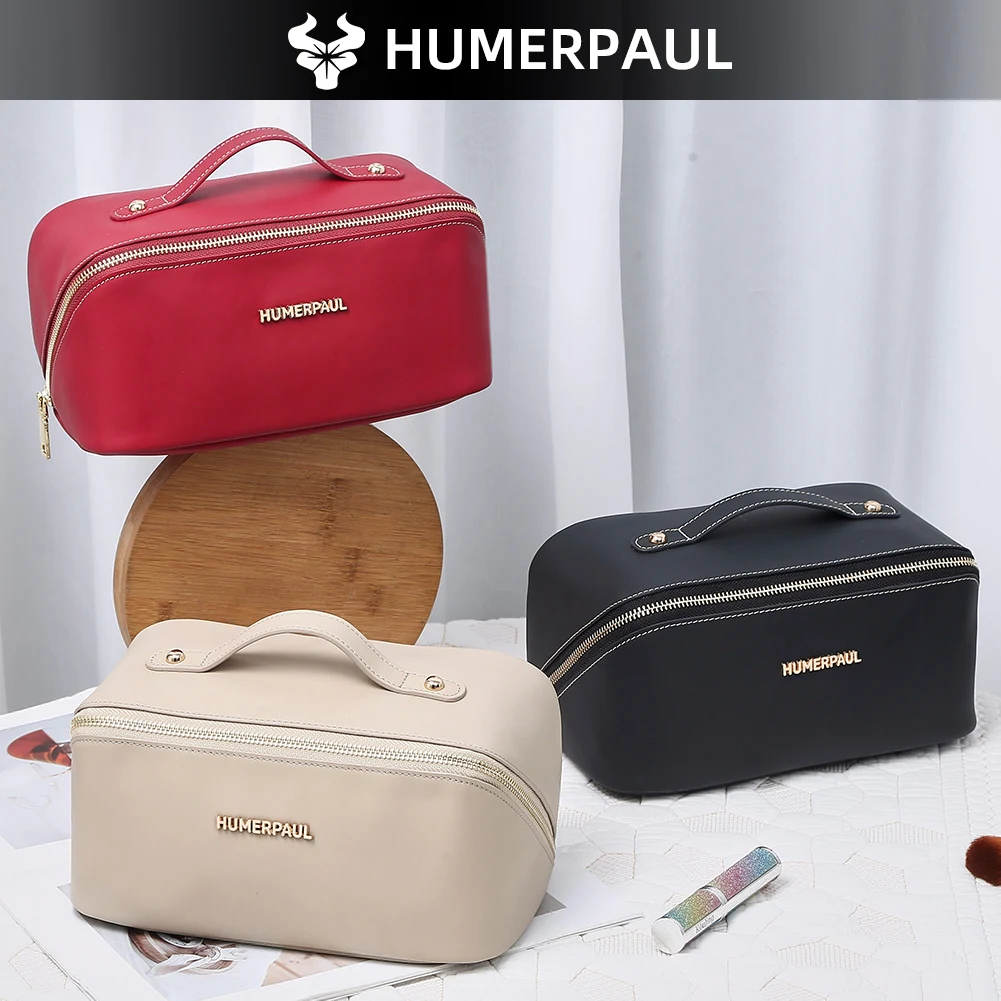 HUMERPAUL Women Full Grain Leather Makeup Bag Portable Travel Cosmetic Organizer with Top Handle Large Capacity Toiletry Bag - view 5