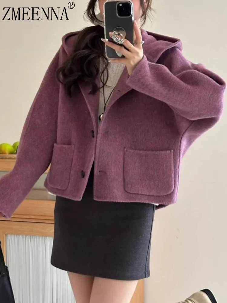 

ZMEENNA Womens Casual Short Purple Hooded Jacket With Button Up Front And Large Patch Pockets Fall Winter Outerwear ZM3714