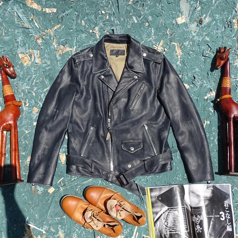 Double-Color Faded Leather Jaet Soft Top Layer Deer Skin Men's Belted Biker Faion Collar Sle ort Slim Fit Casual Coat